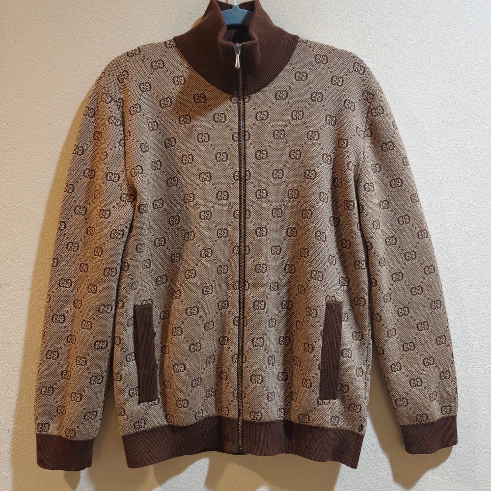Gucci Brown GG Jacquard Wool Knit Bomber Jacket